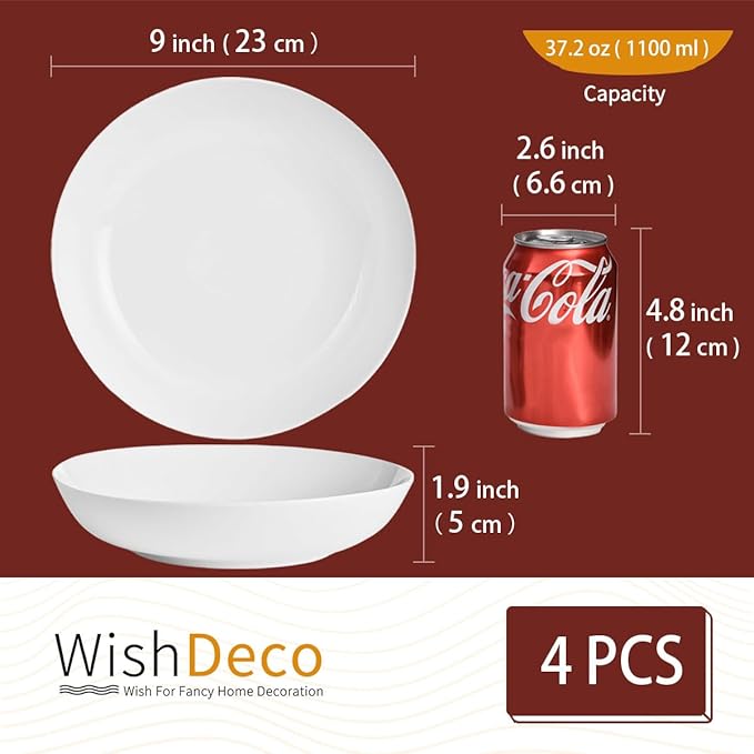 White Pasta Bowls Set of 4, Porcelain Salad Bowls 37 oz, Wide and Shallow Serving Bowl 9 Inch, Large Pasta Plates, Serving Dishes for Soup, Dinner, Microwave and Dishwasher Safe