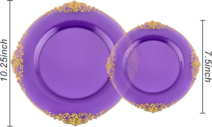 102PCS Purple and Gold Plastic Plates - High End Purple Disposable Plate - Vintage Dinner & Dessert Plates for 51 Guests Birthday Party & Mardi Gras & Wedding