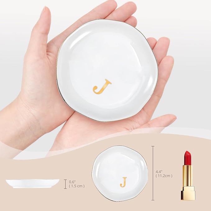 ProCase Ceramic Jewelry Tray, Initial Ring Dish Trinket Plate Engagement Gift, Small Personalized Monogram Ring Bowl for Wedding, White Decorative Jewelry Holder for Women Vanity -Letter J
