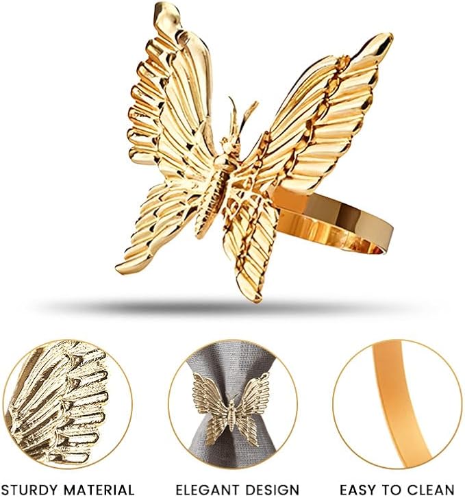 Decozen Set of 8 Gold Napkin Rings in Butterfly Design Festive Table Decor Setting for Holiday Wedding, Birthday, Kitchen, Home Decor Housewarming Gift - Mothers Day Decorations
