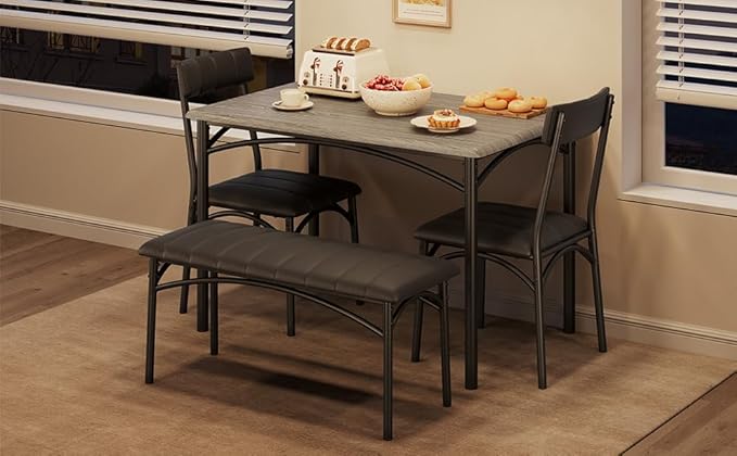 4-Piece Small Dining Table Set – Wood Table with 2 Upholstered Chairs & Bench, Space-Saving Retro Kitchen Dining Set for Small Apartment/Dining Room, Gray