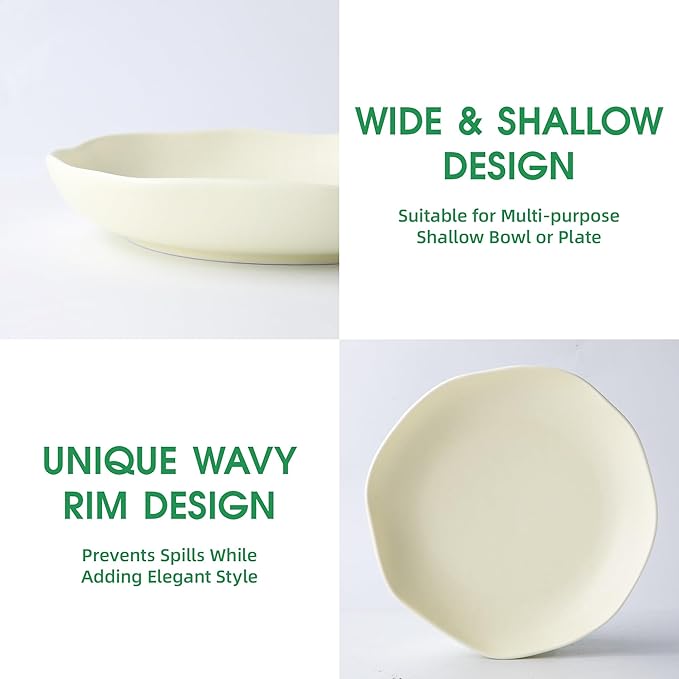Pasta Bowls Set of 4, Ceramic 24.5oz Serving Salad Bowl, Large 8.5 inch Wide Shallow Soup Bowls with Wavy Rim, Easy to Clean, Oven Microwave Dishwasher Safe for Fruit Pasta Salad Dinner -Beige