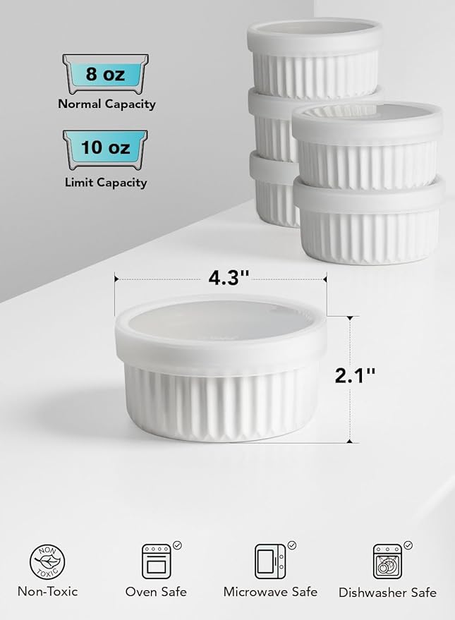 LE TAUCI Ramekins with Silicone Lids, 8 OZ Ceramic Soufflé Dishes, Ramekin Bowls for Crème Brûlée, Dessert, Dips, Oven & Microwave Safe, Set of 6, White