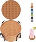 Set of 8 Silicone Coasters, 4'' Drink Coaster with Holder, Round Coasters for Drinks Beer Coffee Home Office Bar Desk Tabletop Protection, Non-Slip Rubber Coaster (Tawny, 8 Pcs-Metal Holder)
