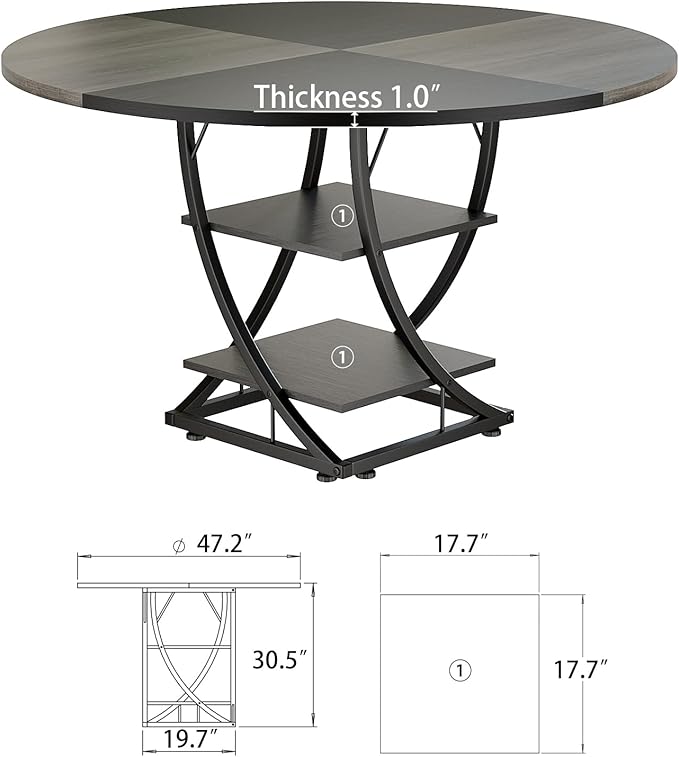 Round Dining Table for 4-6, 47 inch Circle Kitchen Table with 2-Layer Storage Shelf, Modern Wood Dinner Table with Heavy Duty Pedestal for Dining Room, Farmhouse, Living Room, Kitchen, Black & Grey