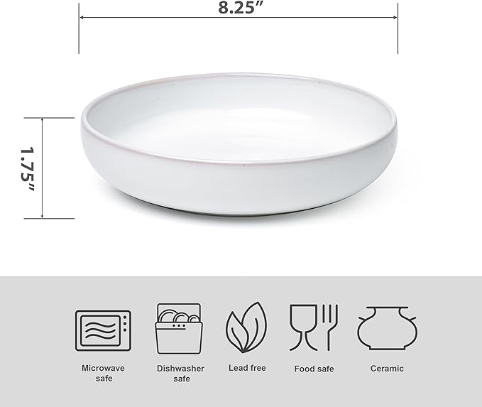 Junko Pasta Bowls Set of 4, 8.3 inch with High Edge Dish Set-Microwave and Dishwasher Safe, Scratch Resistant, Modern Dinnerware- Bowls for Kitchen. Perfect as Salad Bowls (Snow)