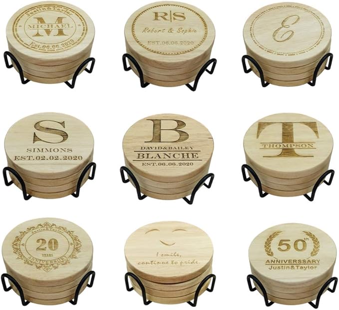Personalized Monogram Coasters, Custom Engraved Wooden Coasters for Drinks, Great Gifts (Set of 4)