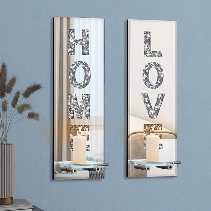 Pibeyer Crystal Crush Diamond Wall Candle Holder Set of 2, Silver Mirrored Candle Sconces Wall Decor, Love & Home Letter Home Decoration for Living Room，Dining Room and Bedroom