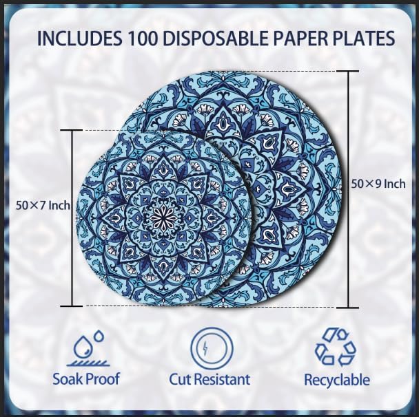 ZULYSTO 100 Pack Boho Paper Plates (50×7"+ 50×9") – Disposable Plates for Party, Vintage Bohemian Style Dessert Dinner Plates Plate Set for Daily Use, Holiday, Picnic (Blue)