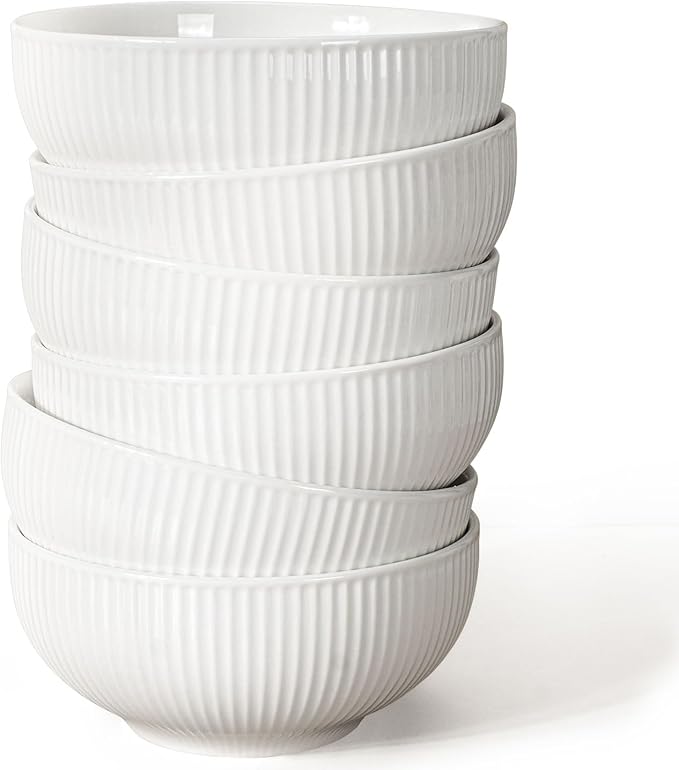 Artena Cereal Bowls 26 OZ, Ceramic Soup Bowls For Kitchen, Embossment Bowls For Rice Pasta Salad, White Bowls For Breakfast Lunch Dinner, 6 Inch, Set Of 6, Dishwasher & Microwave Safe, Stripe