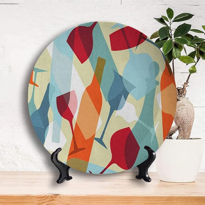 Ceramic Display Plate, Wine Ceramic Hanging Decorative Plate, Modern Design Colorful Glasses Bottles Fun, 10 Inch, Household Custom Ceramic Plate, Pale Blue Ruby Orange