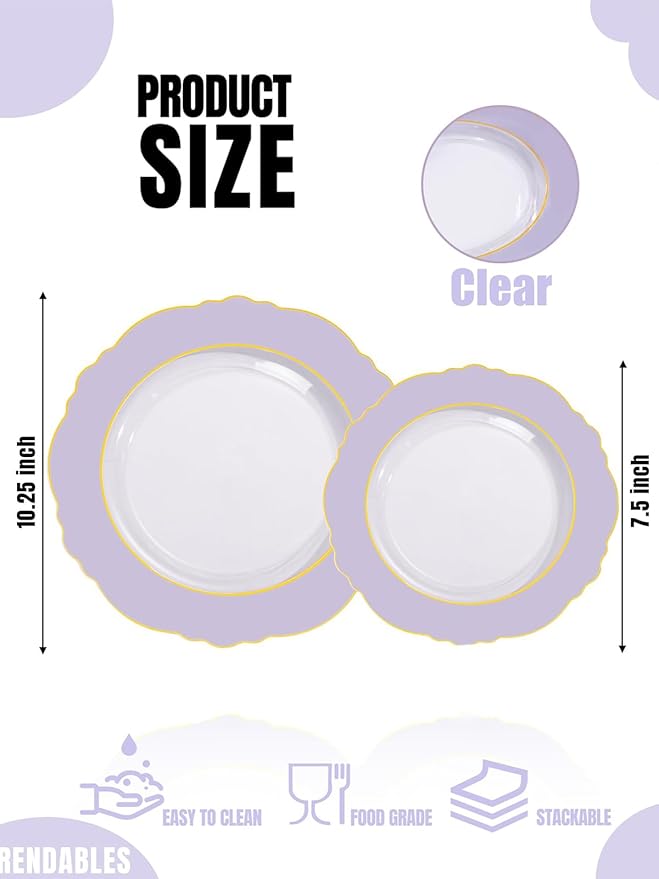 WDF 60pcs Clear Purple Plates Disposable with Gold Rim - Baroque Lavender Purple Plastic Plates for Party/Wedding/Spring Picnic