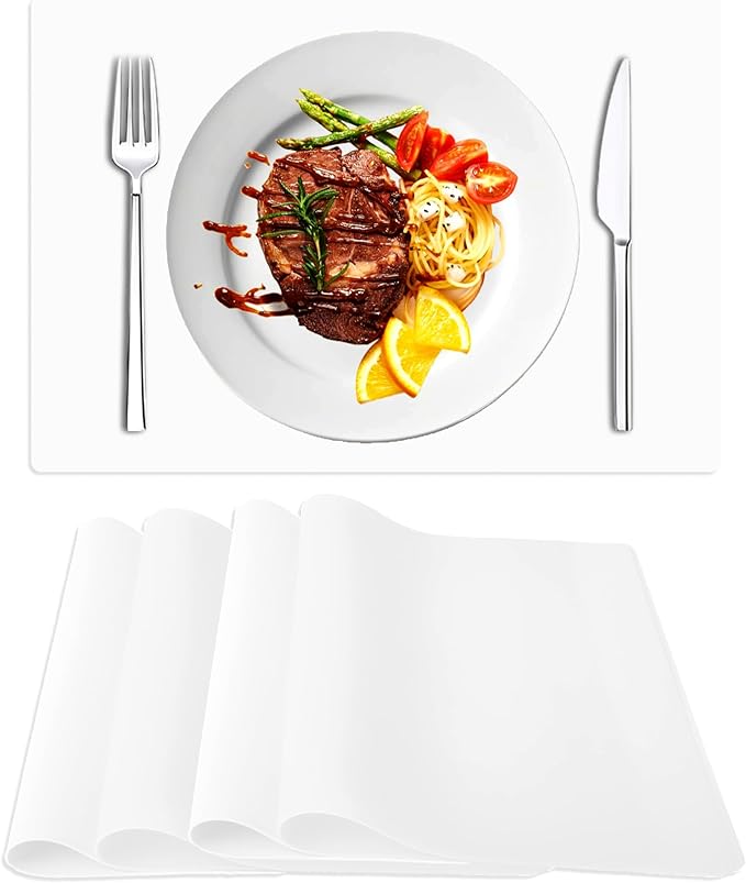 Silicone Placemat Set of 4,Heat Resistant Non-Slip Silicone Mat for Dining Table and Kitchen,Waterproof Wipeable Easy Clean Upgrade Table Mat 15.8"x11.8" Ultra-Thin Semi-Transparent(White)