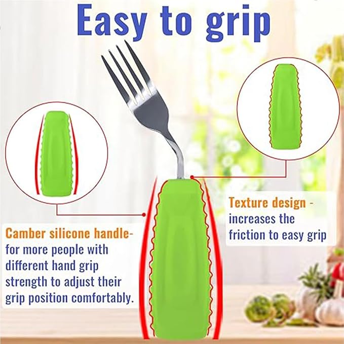 Adaptive Utensils for Hand Tremors,Weighted Utensils with Non-Slip Handle to Easy Grip for Elderly Use (Right Hand 1pc Fork+1 pc Spoon=2 pcs,Green)