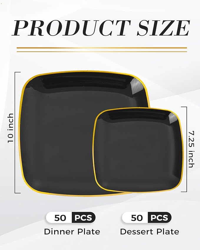 bUCLA 100PCS Black Plastic Plates with Gold Trim - Heavy Duty Black Gold Square Plates Disposable - Include 50 Each (Dinner & Dessert) for Party & New Year