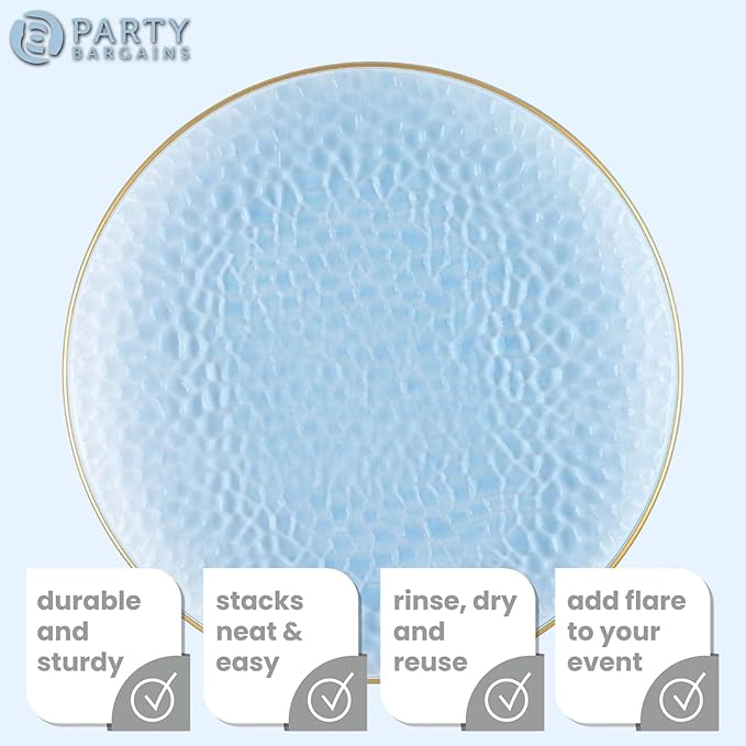 PARTY BARGAINS 13-Inch Charger Plates - 8 Pack, Hammered Blue Gold Rim, Heavy-Duty Disposable Chargers for Elegant Dining - Ideal for Weddings and Formal Events