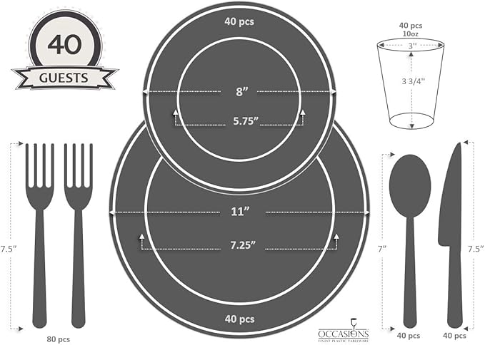 " OCCASIONS " 320pcs set (40 Guests) Extra Heavyweight Vintage Wedding Disposable/Reusable Plastic Plates -40x11'' + 40x8.25''+Silverware+Cups+Napkins (Chateau Collection Blue)