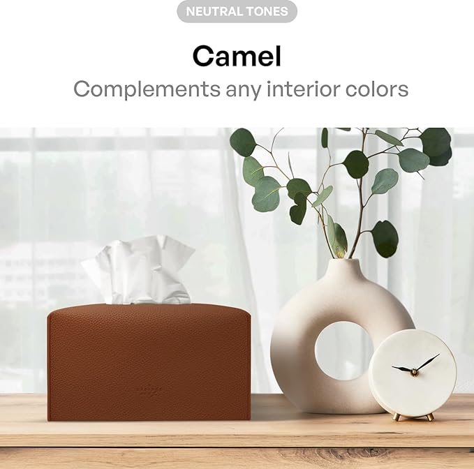 Carrotez Tissue Box Cover, [Refined] Modern PU Leather Rectangular Tissue Box Holder - Decorative Holder/Organizer for Bathroom Vanity Countertop, Night Stands, Office Desk 9.5"X5"X5" - Camel