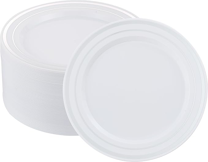 50 PCS Silver and White Plastic Plates for 50 Guests,10.25inch Silver Rimmed White Disposable Plastic Plates for Wedding,Party,Birthday,Smooth Edge & Heavy Duty Dinner Plate