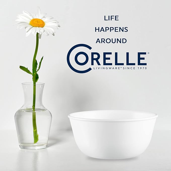 Corelle Vitrelle 28-oz Soup/Cereal Bowls Set of 6 Chip & Crack Resistant Dinnerware Bowls for Soup, Ramen, Cereal and More, Triple Layer Glass, Winter Frost White
