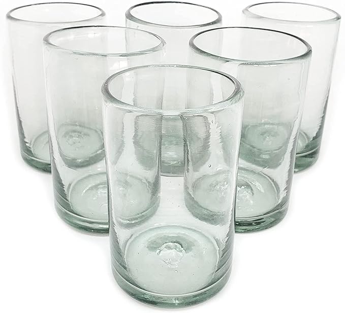 Clear 14 oz Drinking Glasses (Set of 6) - Hand Blown Mexican Glassware Recycled Glass Drinking Glasses for Water, Juice, Margarita, Cocktails & Whiskey, Lead-Free Toxin Free