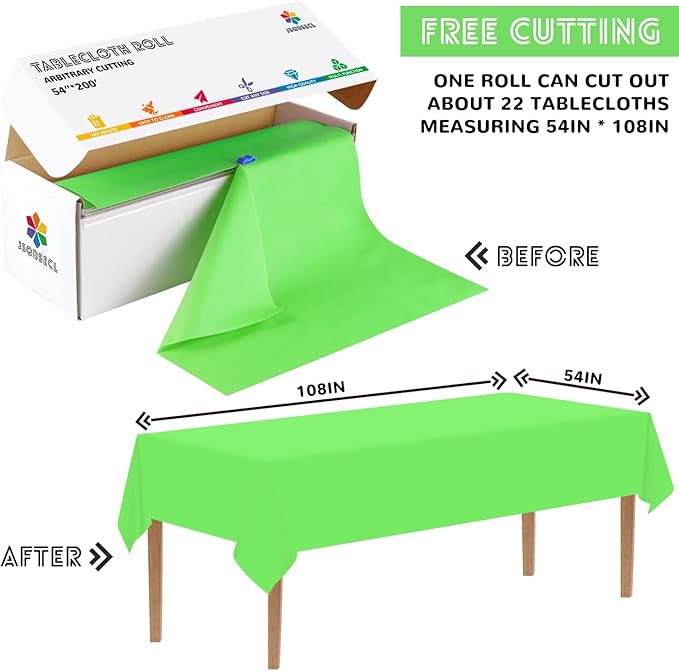 54 Inch X 200 Feet Plastic Table Cover Roll with Convenient Slide Cutter, Disposable Plastic Table Cloth Roll with Cut-to-Size Design for Weddings, Banquets, Parties (Lime Green)