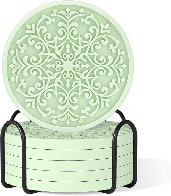 Drink Coasters, Coasters Set of 6 for Cup with Holder, Non-Slip Silicone Cup Mats for Hot and Cold Drinks, Cute Absorbent Coffee Bar Accessories Table Decor, Tender Green