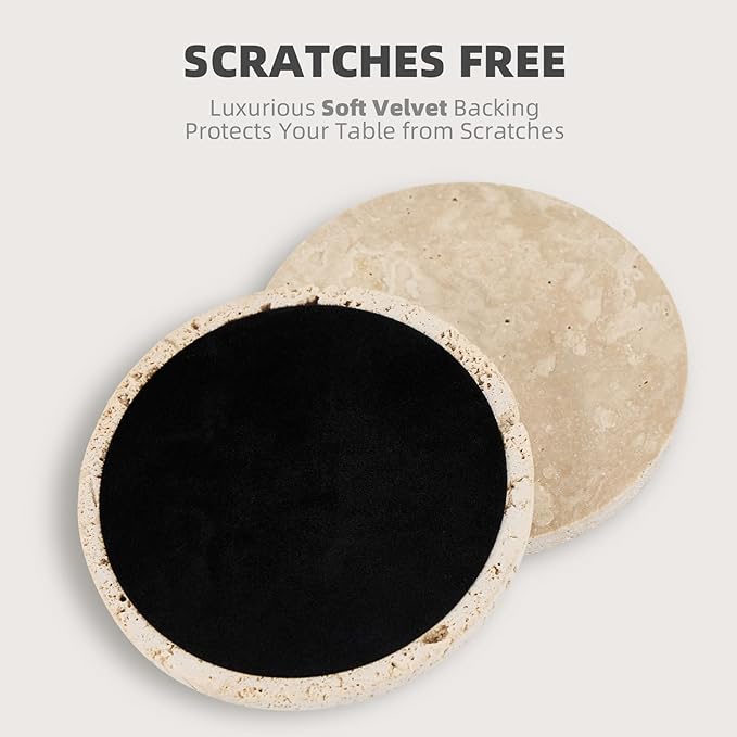 Italian Travertine Coasters Set of 5 with Holder, Round Beige Marble Drink Coasters for Coffee Table Decor Housewarming Gift, Unique Natural Stone Absorbent Coaster for Surface Protection