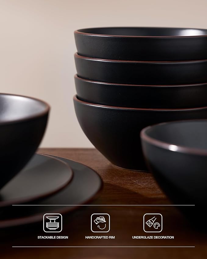 Famiware Venus Speckled Dinnerware Set with Pasta Bowls, Service for 4 (16 Pieces), Stoneware Plates and Double Bowls Sets, Microwave & Dishwasher-Safe Dishes with Trim, Matte Black