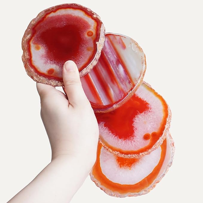 Natural Agate Coasters Set of 4 - Dyed Orange Red Irregular Circle Stone Drink Coasters with Rubber 3-4" Unique Home Decor for Coffee Table Wedding Creative Cards
