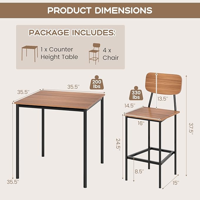 Giantex 5-Piece Dining Table Set W/Counter Height Table & 4 Bar Stools, Industrial Kitchen Dining Table Set W/Footrest & Backrest, Space-Saving Dinette Set for Pub, Dining Room, Restaurant (Teak)