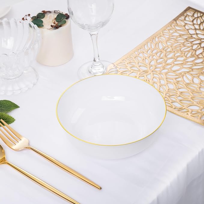I00000 30 Pack White Plastic Bowls with Gold Rim,16 oz Disposable Soup Bowls,Premium Heavy Plastic Serving Bowls Ideal for Thanksgiving Party