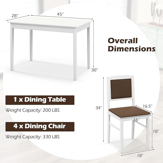 POWERSTONE Farmhouse Wood Dining Table Set for 4, Space-Saving Kitchen Table 4 Chairs Paded PU Leather, Rectangular 5 Piece Dining Table Set 4 Rubberwood Legs Chairs for Kitchen Indoor Dinner (White)