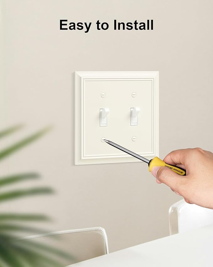 2-Pack Double Toggle Light Switch Cover Plate, Durable Natural Bamboo Fiber Decorative Switch Plate Covers, Light Almond 2 Gang Wall Plate, Corrosion Resistant