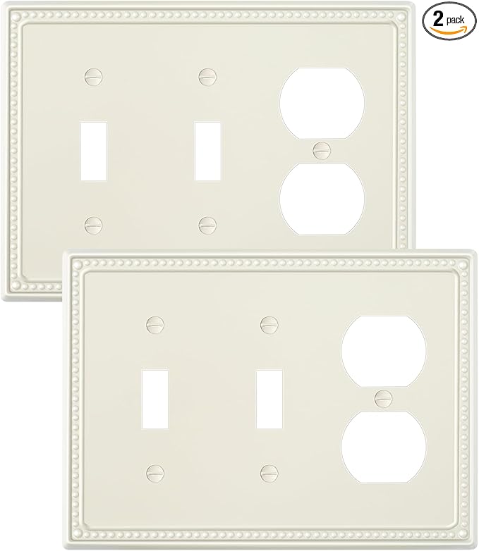 2-Pack Combo Duplex/Double Toggle Light Switch Cover Plate, Light Almond Pearls Decorative Switch Plates and Outlet Covers, Metal Wall Plates for Electrical Outlets