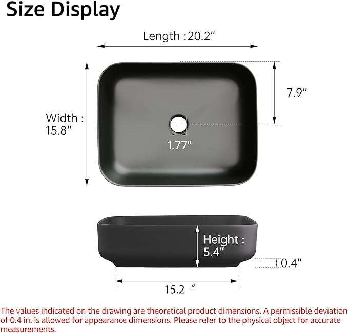 ELLAI Bathroom Vessel Sink Rectangle Above Counter Porcelain Ceramic Top Mount Rectanglar Countertop Sink for Bathroom 19.7"x15.2"x5.4" Matte Black
