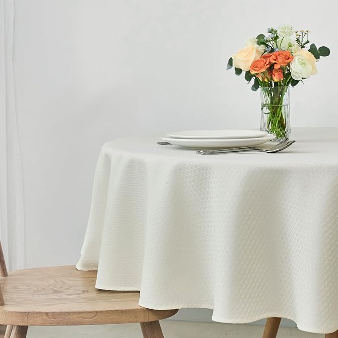 maxmill Round Weaved Texture Design Tablecloth Spill-Proof Wrinkle Free Soft Washable Table Cloth for Circular Table Cover, for Dining Room Buffet Banquet Parties Holiday Dinner, 70 Inch Ivory
