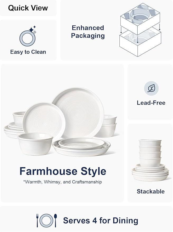 LE TAUCI Ceramic Plates and Bowls Set for 4, 12-Piece Ceramic Dinnerware Set, Farmhouse Dishes Set, Microwave & Dishwasher Safe, Stackable, 10" Dinner+8" Salad Plates+6" Bowls, White