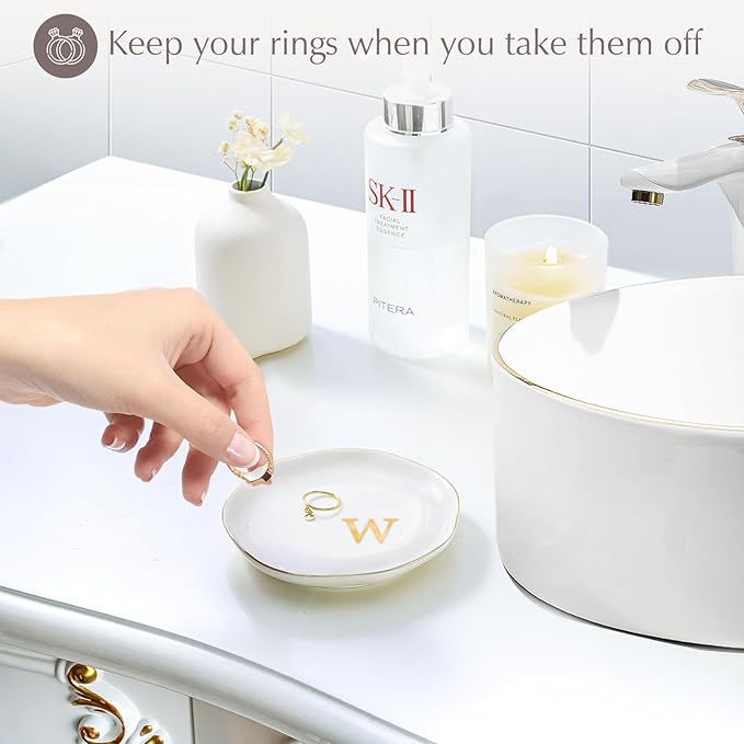 ProCase Ceramic Jewelry Tray, Initial Ring Dish Trinket Plate Engagement Gift, Small Personalized Monogram Ring Bowl for Wedding, White Decorative Jewelry Holder for Women Vanity -Letter W