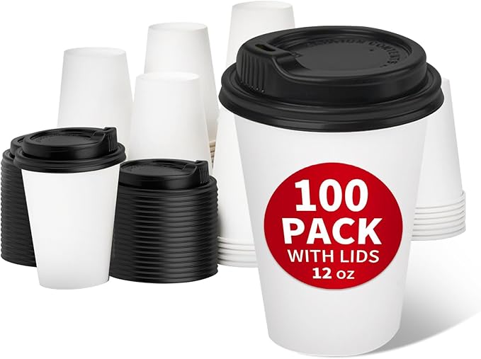 RACETOP 100 Pack 12 oz Disposable Paper Coffee Cups with Lids, Paper Cups with Lids 12 oz, Hot Cups for Home/Office