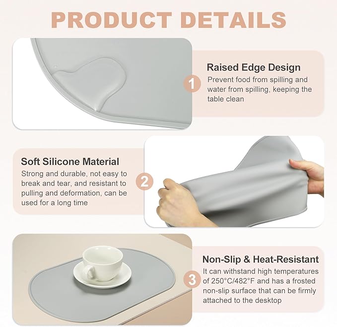 uxcell 4 Pcs Oval Silicone Placemat, 15.4" x 10.4" Non-Slip Washable Table Placemats Heat Resistant Waterproof Mat with High Edge for Table Kitchen Desk Protection, Light Gray