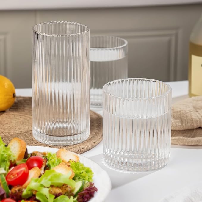 Ribbed Drinking Glasses 4pcs, 12oz and 10oz Glassware, Tumbler Glasses Cup Set for Wedding, Party, Christmas Gift, Clear