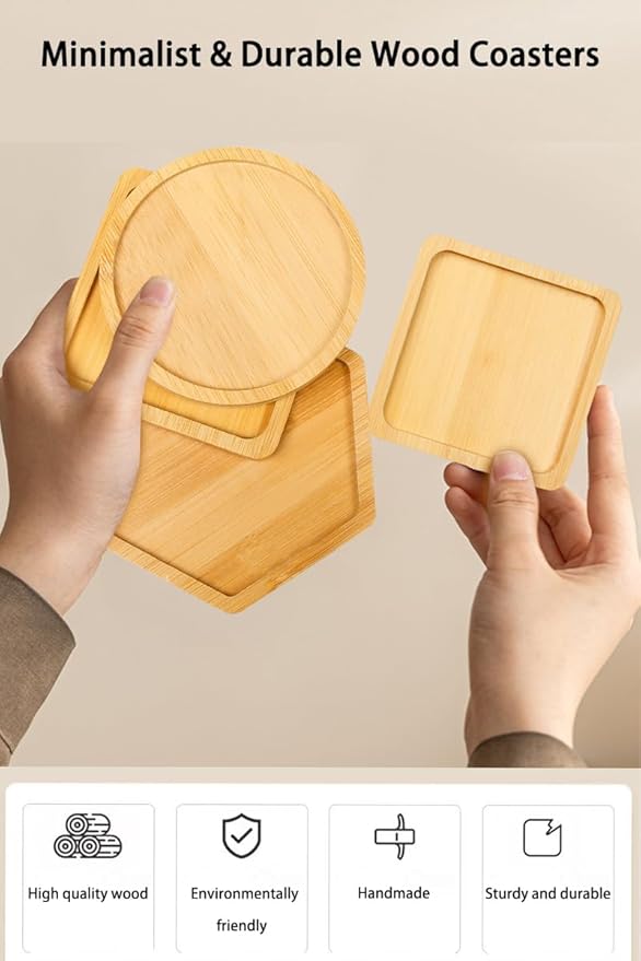 Wood Coasters Set of 4 - Handcrafted Drink Coaster Thick Heat-Resistant for Office, Bar, Farmhouse - Natural Bamboo Drink Cup Coasters for Table Protection