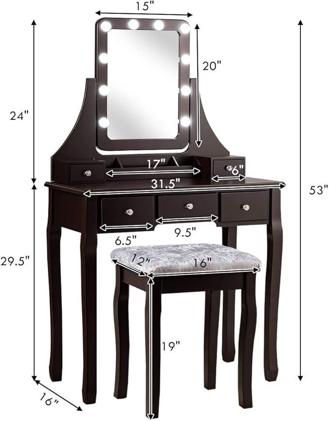 DORTALA Vanity Table Set w/ 360-Degree Rectangular Mirror & Cushioned Stool, Makeup Table w/ 10 LED Dimmable Bulbs, Bedroom Wood Dressing Table w/ 5 Drawers & Removable Box Organizer, Brown