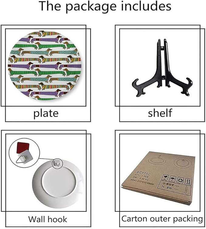 Decorative Plates, Dog Lover Print Ornament, Cartoon Style Dachshunds Dressed in Pyjamas Chevron, 7 Inch, 1 Plate with 1 Display Stand, Multicolor