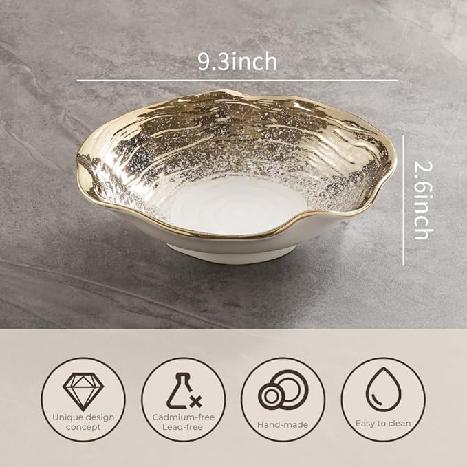 Gradient Gold Artistic Ceramic Bowl Set of 4, 9.3-Inch Lotus Edge Porcelain Bowls with Starburst Design, 23.5cm Food-Safe Dining & Gift Bowls
