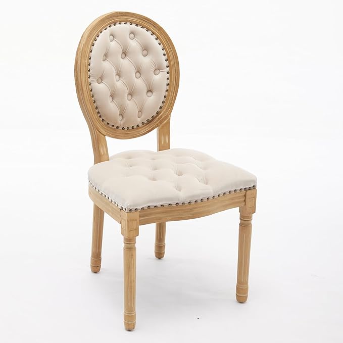 Ball & Cast French Vintage Upholstered Dining Chairs Set of 2, Button Tufted Kitchen Side-Chairs with Carved Antique Wood Frame & Nailhead Trims, 2-Piece Curved Backrest Louis Chair, Velvet Beige