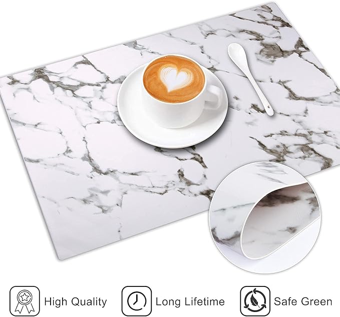 Leather Heat Resistant Placemats Set of 6 Waterproof Wipeable Washable PU Table Mats,Easy to Clean Anti-Slip Place Mats (Marble, 6)