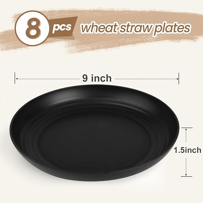 Wheat Straw Plates Set of 8, 9 Inch Dinner Plate for Camping, Picnic, Unbreakable Plastic Plates Reusable, Microwave & Dishwasher Safe Kitchen Plate for Breakfast, Lunch (Black)