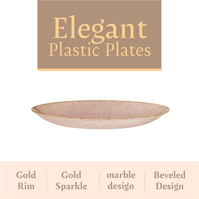 PLASTICPRO 30 Pack Disposable Plastic Plates Heavyweight Granite Look Elegant 7 inch Dinner Plates Pink with Gold Rim